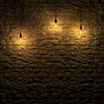 The highlighted stone wall by edison lamp 3d rendering 库存插图