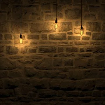 The highlighted stone wall by edison lamp 3d rendering Stock Illustration