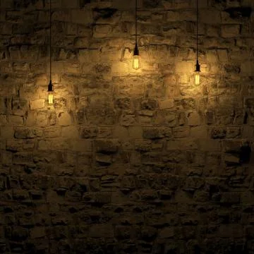 The highlighted stone wall by edison lamp 3d rendering 스톡 일러스트
