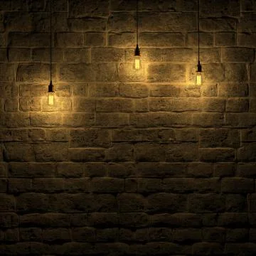 The highlighted stone wall by edison lamp 3d rendering Illustrazione stock