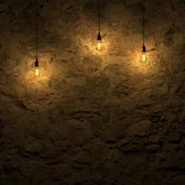 The highlighted stone wall by edison lamp 3d rendering Illustrazione stock