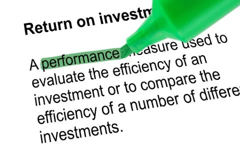 Highlighted word performance for Return on investment, green pen Stock Photos