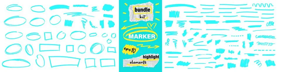 Highlighter hand drawn doodle set. Bright blue green underlines ovals marker Stock Illustration