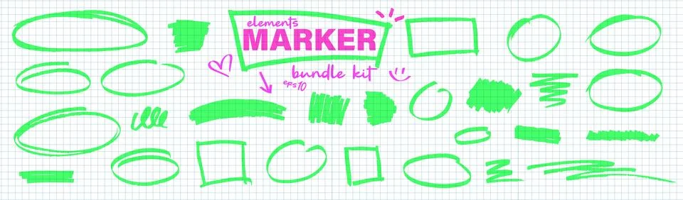 Highlighter hand drawn doodle set. Bright green and pink underlines ovals and Stock Illustration