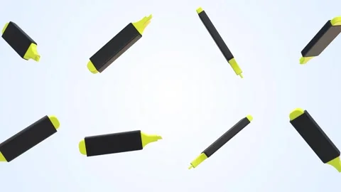 Highlighter Pens Falling on a Light Blue Background. Yellow Highlighter. 4K Stock Footage 302888827