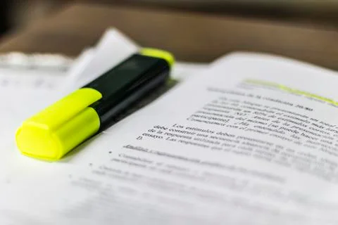 Highlighter on top of some notes, studying Stock Photos