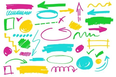 Highlighter vector marks, pen different lines and symbols, arrows . Permanent Stock Illustration