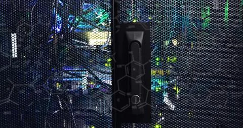 Highlighting black vertical latch locking perforated cabinet door in data Stock Illustration