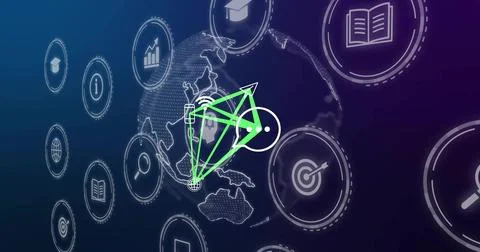 Highlighting bright green network node showing data flow across dotted globe Stock Photos