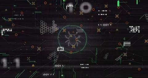 Highlighting bug icon pulsing within green scan indicator on grid, with binary 스톡 사진