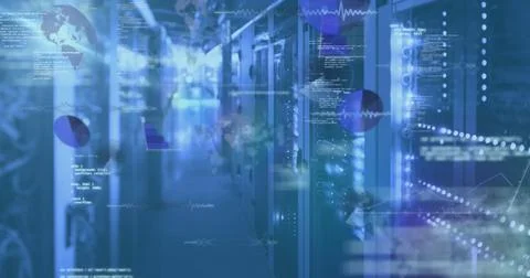 Highlighting central aisle featuring server racks, LED lights in data center, Foto stock