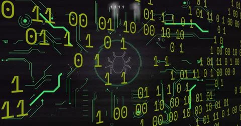 Highlighting central bug pulsing in circular target on cyber grid, with green Stock Illustration