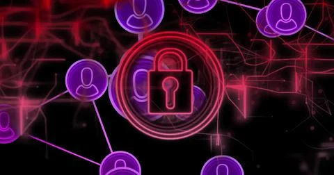 Highlighting central padlock emblem glowing in virtual cyberspace, with neon イラスト素材