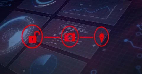 Highlighting central red workflow linking lock, sensor and lightbulb on Stock Illustration