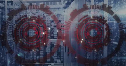 Highlighting central server racks filling cool data center aisle, with red HUD 库存照片