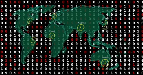 Highlighting cities on world map with binary code animation in background Stock Footage 304767904