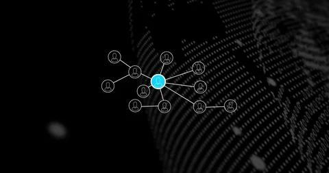 Highlighting cyan hub node linking peripheral user icons in dark cyberspace, Illustrazione stock