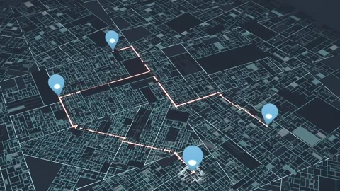 Highlighting cyan map, glowing pink route tracing between blue pins, forming Stock Footage 345726107