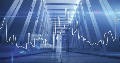 Highlighting data center corridor showcasing server racks, with digital line  Illustrazione stock