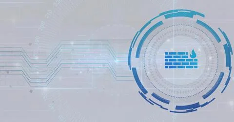 Highlighting firewall icon glowing in blue circular HUD at security UI, numeric Stock Photos