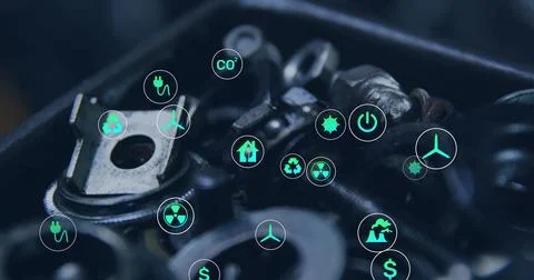 Highlighting gearbox components with hovering green energy icons inside Stock Illustration