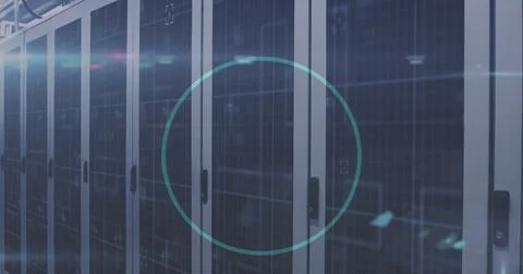 Highlighting main server cabinet through tinted glass doors in data center Stock Photos