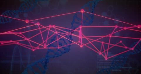 Highlighting neon-magenta node network spanning center in bio visual, with DNA Stock Illustration