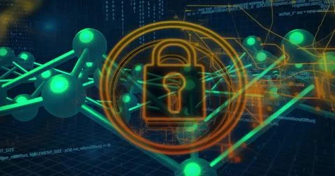 Highlighting orange padlock icon hovering over virtual grid, revealing neon Stock Illustration