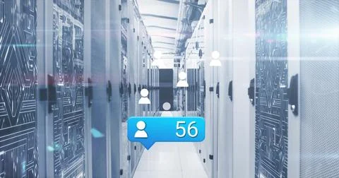 Highlighting patterned racks on tiled floor in server room hallway showing Stock Photos