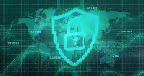 Highlighting pixelated shield icon with padlock glowing on map screen, grid Stock Photos