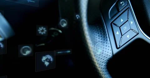 Highlighting right steering control pad showing HUD icons at dash, perforated Stock Photos