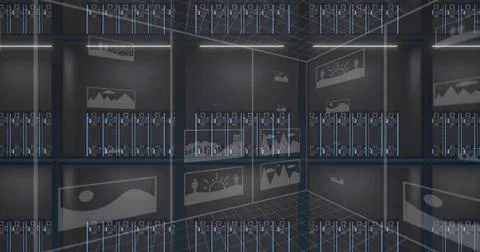 Highlighting rows of tall server racks reflecting on glossy floor in data Stock Illustration