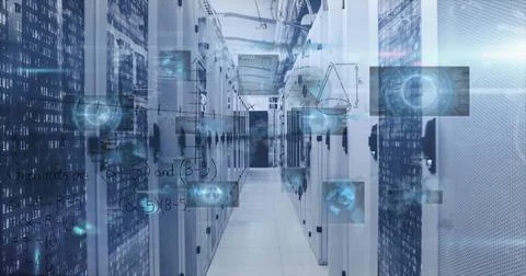 Highlighting server aisle running through data center, showing cable trays and Stock Photos