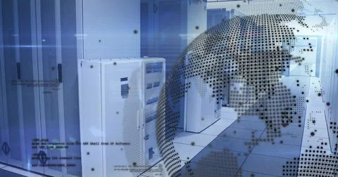 Highlighting server cabinets on floor tiles at data center, with code and globe Stock Photos
