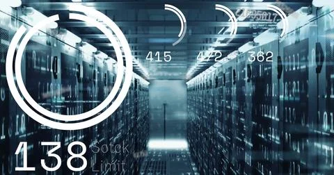Highlighting server rack aisle drawing eye in data center corridor, with HUD Stock Photos