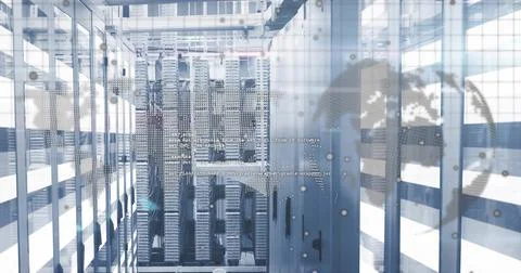 Highlighting server racks with blade servers in data center corridor, world map Stock Photos