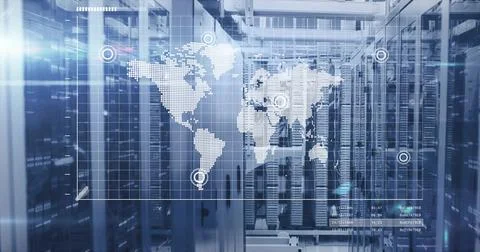 Highlighting server racks with LED lights and cables in data center room, with Stock Photos