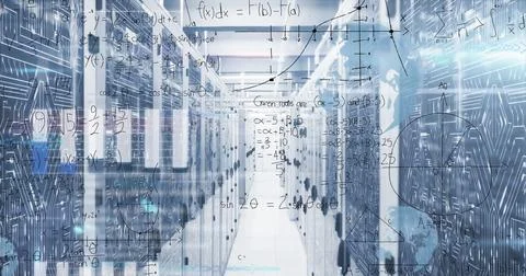 Highlighting server racks lining data center corridor, with blinking LEDs and Stock Photos