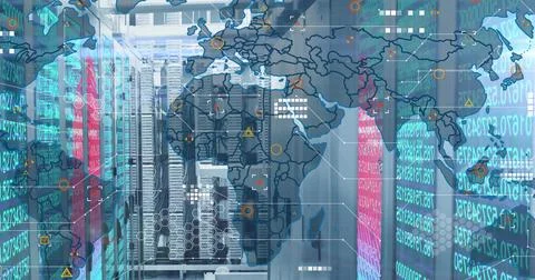 Highlighting server racks streaming numeric code and map overlay in server room, Foto stock