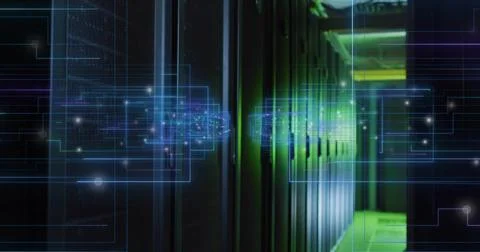 Highlighting server racks under green lighting on raised floor in data center, Stock Illustration