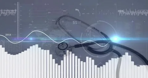 Highlighting stethoscope on medical interface, with waveform graph, bar charts Stock Photos