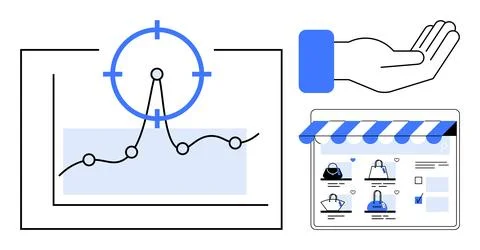 Highlighting trends with upward-pointing graph emphasized by hand gesture and Stock Illustration