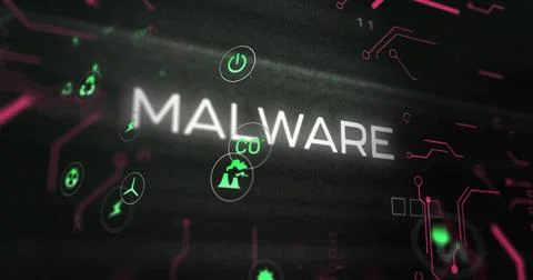 Highlighting uppercase MALWARE text on threat map, with green power, hazard, Illustrazione stock