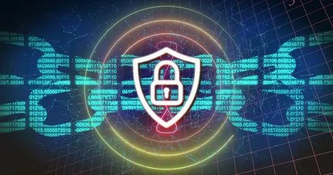 Highlighting white-outlined shield with padlock icon floating on dark grid with Stock Illustration