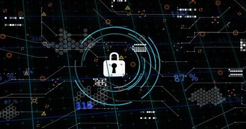 Highlighting white padlock icon in blue rings on digital grid with hexagon Stockillustratie