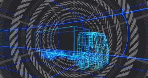 Highlighting wireframe truck model moving through data tunnel with grid floor Stock Illustration