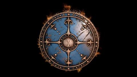 Highly detailed 3D fantasy shield design 05, with worn metal surface, ornate Stock Footage 324839468
