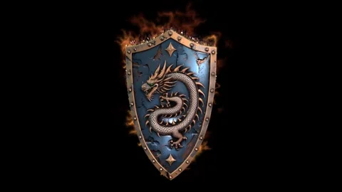 Highly detailed 3D fantasy shield design 08, with worn metal surface, ornate Stock Footage 324839469