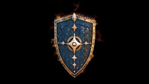 Highly detailed 3D fantasy shield design 04, with worn metal surface, ornate Stock Footage 324839472