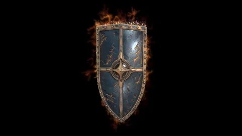 Highly detailed 3D fantasy shield design 03, with worn metal surface, ornate Stock Footage 324839487